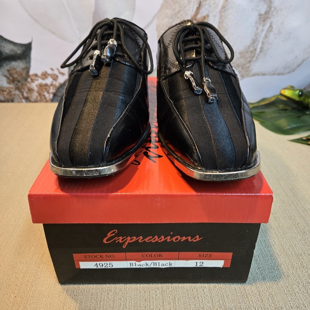 Men's Formal Black Lace Up Shoes Size 12 - Modern Wedding Prom Party Shoes - Picture 9 of 12